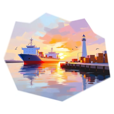 A peaceful cargo dock as the first light of dawn breaks over the horizon