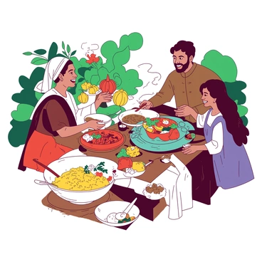 A communal table is set outdoors, surrounded by lush greenery and colorful flowers. At the center of the table, there are various traditional dishes from different cultures, each beautifully presented. On one side, a white bowl filled with yellow rice is garnished with herbs. Next to it, a vibrant red dish of spicy stew is steaming, with pieces of meat and vegetables visible. On the other side, a teal platter showcases an array of colorful vegetables and dips. People of different cultures, dressed in traditional attire, are seated around the table, smiling and engaging in lively conversation. Each individual holds a serving spoon, ready to share their dish with one another, creating an atmosphere of warmth and camaraderie.