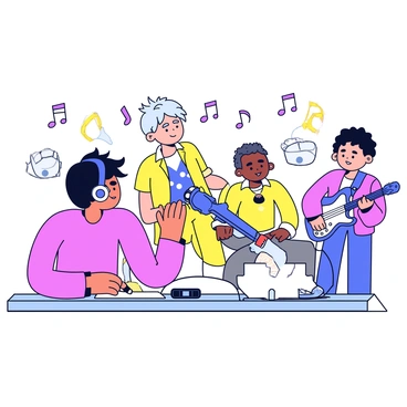 An artist is sitting at a drawing table, sketching cartoon musicians. The artist has short, messy hair and is wearing headphones. The drawing features a lively atmosphere, with various cartoon musicians depicted in vibrant colors. There is a guitarist with a bright blue guitar, a drummer with oversized drumsticks, and a singer with a microphone and a wide smile. The background includes musical notes floating in the air, creating a sense of dynamic energy. The artist's sketchbook is open, displaying initial outlines of the musicians.