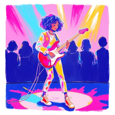 A black girl is standing confidently on a stage while playing an electric guitar. She has short curly hair and is wearing a vibrant outfit that contrasts with the dark stage. The electric guitar is sleek and shiny, held tightly in her hands. Colorful stage lights are illuminating her from various angles, casting bright hues of blue, pink, and yellow around her. The background features silhouettes of an audience enjoying the performance, further enhancing the lively atmosphere of the scene.