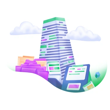 A modern pastel illustration of a towering skyscraper created from stacked compliance documents and legal files. The skyscraper is composed of various paper textures, showcasing the text and headings on the documents. Surrounding the base of the building are miniature stacks of more files and documents, with a few scattered papers in the foreground. The sky above is clear with soft pastel clouds, creating a contrast against the structured form of the skyscraper.