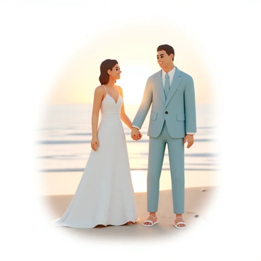 A couple standing on a beach, both dressed in elegant wedding attire. The bride is wearing a flowing white dress with delicate lace details, while the groom is in a light blue suit with a white shirt and a matching tie. They are facing each other, holding hands, with smiles on their faces. In the background, gentle waves are lapping at the shore, and the sun is setting, casting a warm golden glow across the scene. Small seashells are scattered on the sandy beach, adding texture to the ground beneath their feet.