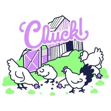 A barnyard scene featuring several chickens pecking at the ground, engaged in various activities. The chickens display different feather patterns, some with fluffy white feathers and others with darker shades. In the background, there is a rustic wooden barn with a slanted roof and open doors. Above the chickens, the word "'Cluck!'" is illustrated in bold, playful lettering, creating a lively atmosphere. The ground is scattered with patches of grass and small stones, adding to the natural setting.