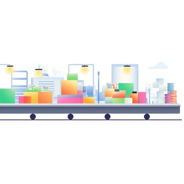 A 3D conveyor belt spans across the image, showcasing various products moving along its track. The conveyor belt is gray with black edges, and it is equipped with several rollers underneath. On the left side, there are colorful boxes being packed into larger shipping containers. In the middle, small electronic gadgets are being sorted into different sections, illuminated by overhead lights. On the right side, finished products are neatly stacked in piles, ready for shipment. The background features machinery and tools related to the production process, emphasizing the operational environment of the conveyor system.