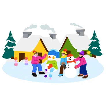 A quaint snowy village with charming cottages, each featuring sloped roofs covered in thick white snow. Gray chimneys rise from the rooftops, puffing out wisps of gray smoke into the cold air. Children in colorful winter clothing are joyfully building snowmen in a nearby yard, stacking snowballs and adding accessories like carrot noses and buttons. Some of the children are laughing and playing, while others are carefully placing a scarf around the snowman's neck. The ground is blanketed in fresh, powdery snow, and the trees surrounding the village are dusted with white, completing the picturesque winter scene.