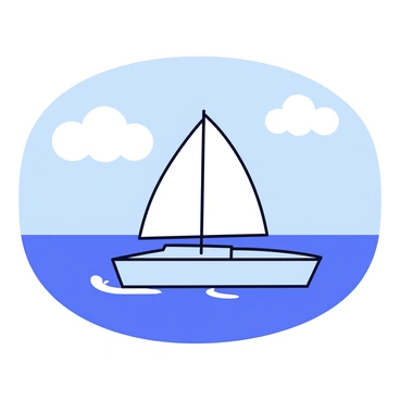 A small sailboat with a white sail is gliding across a calm lake. The boat has a light blue hull and is leaving gentle ripples in the water. The surface of the lake sparkles under the bright sunlight. In the background, the sky is clear with a few fluffy white clouds. The scene is peaceful and serene, capturing a perfect day for sailing.