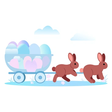 A whimsical carriage made entirely of eggs being pulled by tiny rabbits