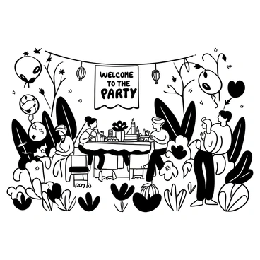 A garden filled with various types of flowers and plants, with a long table set up in the center adorned with an assortment of decorative items. There are several balloons tied to the chairs surrounding the table, and paper lanterns hanging from tree branches overhead. Guests are dressed in light clothing, standing and mingling, some holding drinks. A large banner with the words "Welcome to the Party" is displayed prominently in the background, while plates of food are spread across the table.