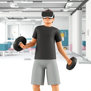 A person, dressed in a fitted black workout shirt and gray athletic shorts, stands in a modern gym environment. They are wearing a VR headset and holding a pair of dumbbells, demonstrating the motion of performing barbell curls. The person's stance is strong and balanced, with one foot slightly forward. Their arms are bent at the elbows, and you can see muscles engaging during the exercise. The gym is equipped with various fitness equipment, and a large mirror reflects the scene. Bright overhead lights illuminate the area, creating a vibrant and energetic atmosphere.
