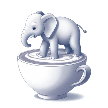 A gentle elephant with large ears and a soft expression is walking delicately across the frothy surface of a latte. The elephant's feet leave small impressions in the creamy foam as it steps carefully on the top. The latte is served in a white ceramic cup, which is placed on a wooden table. The scene captures the intricate patterns of the foam that resemble swirling designs, adding to the whimsical nature of the image.