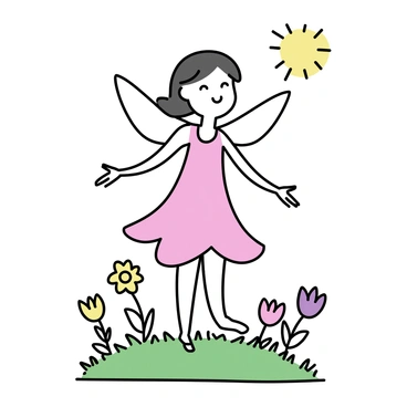 A flower fairy with delicate wings, wearing a flowing dress made of petals, stands on a small hill. She has her arms wide open, welcoming the sunrise, with rays of light illuminating her figure. Surrounding her are various fresh morning blooms, such as daisies and tulips, in vibrant colors. The grass beneath her feet is lush and green, glistening with morning dew. The sky is painted with soft hues of orange and pink as the sun begins to rise.