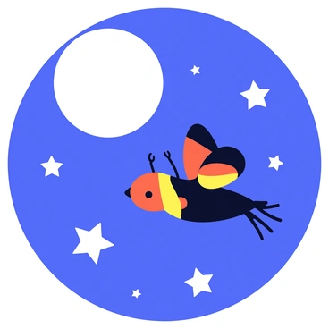 A schmetterling with vibrant orange and black wings is flying gracefully under a moonlit sky. The moon is large and round, casting a soft white light. Surrounding the moon are numerous twinkling stars, each shining brightly against the deep blue backdrop of the night sky. The scene conveys a sense of calm and tranquility as the schmetterling flits among the stars.