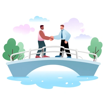 Two individuals wearing business attire are shaking hands at the center of a bridge that spans over a flowing river. The bridge features a modern design with sleek lines and white railings. Below, the river reflects the soft gradient pastel colors of the sky at sunset. In the background, there are lush green trees lining the riverbank and a few fluffy clouds scattered across the sky. The scene conveys a sense of connection and unity between the two figures above the serene water.