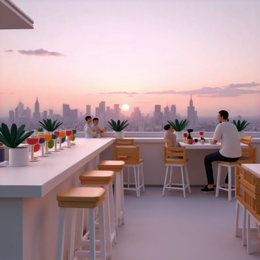 A sophisticated rooftop bar with elegant wooden furniture and soft ambient lighting. The bar is lined with tall stools and a polished counter displaying a variety of colorful cocktails in glassware. In the background, a panoramic view of a city skyline is visible as the sun sets, casting shades of orange and pink across the sky. The silhouettes of skyscrapers create a dramatic outline against the vibrant colors. People are seated at tables, some engaged in conversation while others enjoy their drinks, creating a lively atmosphere. The bar is adorned with potted plants, adding a touch of greenery to the contemporary setting.