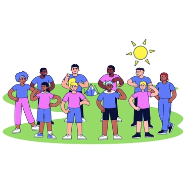 A group of athletes performing scapular retraction exercises as part of their warm-up routine. The team consists of diverse individuals, including men and women of varying heights and body types, all wearing matching team uniforms. They stand in a semi-circle, with their arms extended to the sides, engaging their shoulder blades. The background shows a grassy field with cones and training equipment scattered around. The sun is shining brightly overhead, illuminating the scene. Each athlete displays focus and energy as they participate in the exercise.