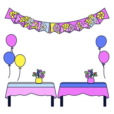 A birthday banner made of vibrant flowers, featuring a mix of colors such as pink, yellow, and blue, hangs above the party area. The banner is adorned with an arrangement of various flower types, including daisies, roses, and sunflowers. Below the banner, there are tables covered with colorful tablecloths. Each table is decorated with small floral arrangements in cheerful vases. The setting includes colorful balloons scattered around, adding to the festive atmosphere.