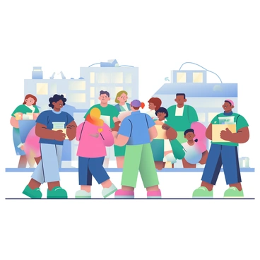 A group of volunteers is actively distributing food in a disaster-stricken area. The volunteers represent diverse backgrounds, with individuals of varying skin tones and hairstyles. One volunteer, with curly black hair and a blue shirt, is handing out packaged food to a woman with light brown skin and a pink jacket. Nearby, a man with short, brown hair and a green shirt is carrying a box filled with supplies. The scene shows damaged buildings in the background, with debris scattered around. Several people are gathered, receiving food, and expressions of gratitude are visible on their faces. The atmosphere is filled with a sense of community and support, highlighting the efforts of the volunteers.