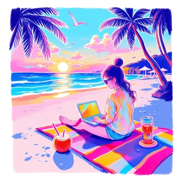 A modern depiction of a digital nomad working on a laptop at a tropical beach