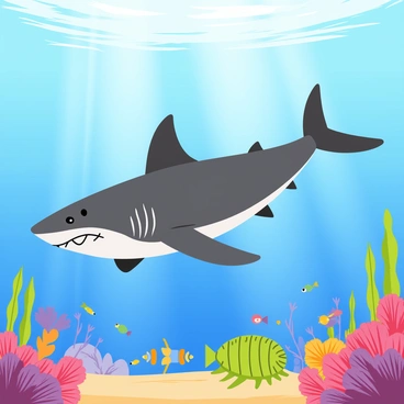 A megalodon with a massive, streamlined body gliding through clear blue waters. The shark has sharp, prominent teeth and a dark grey dorsal fin breaking the surface. Surrounding the megalodon are various ancient sea life, including a school of small, colorful fish and a large, spiny trilobite resting on the ocean floor. Sunlight filters through the water, casting beams of light and creating a vibrant underwater atmosphere filled with soft coral formations.