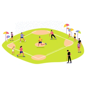 A softball field with players wearing colorful uniforms actively engaged in a game. The players are seen running between bases and preparing to bat, while drops of rain are visibly falling around them. Spectators are gathered along the sidelines, each holding colorful umbrellas that are open to shield them from the light drizzle. The grass of the field is a vibrant green, glistening with raindrops, and the sky above is overcast, casting a soft light over the scene.