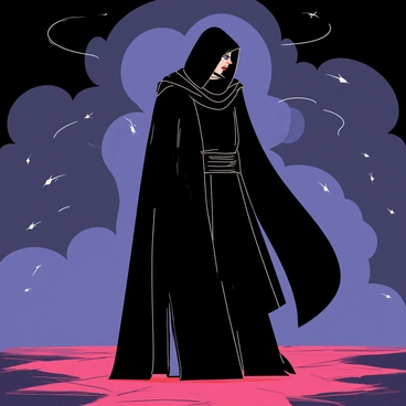 Anakin Skywalker wearing a long, flowing black Sith robe. He has his hood up, casting shadows over his face, which is partially visible. His intense blue eyes are glowing subtly. Dark, swirling energies surround him, creating a dynamic and powerful atmosphere. The ground beneath him is cracked and dry, with faint red and purple light emanating from the cracks, adding to the ominous feel of the scene.