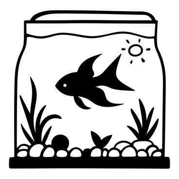 A betta fish with long, flowing fins swimming gracefully in an aquarium. The water in the aquarium reflects the patterns created by the light. Pebbles and small plants decorate the bottom of the aquarium, creating a natural setting. The silhouette of the fish stands out against the illuminated water, with shadows dancing around it, influenced by the warm glow of the setting sun outside the aquarium.