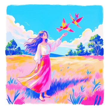 Makima is depicted standing in an open field, her long hair flowing gently in the breeze. She is wearing a fitted white blouse and a flowing skirt, which complements her calm demeanor. In her hands, she is gently releasing a group of colorful birds into the clear blue sky. The birds, in vibrant shades of red, yellow, and blue, are captured mid-flight as they soar upwards. A look of peace is evident on her face, with soft sunlight illuminating her features. The background features a few scattered green trees and a vast expanse of sky.