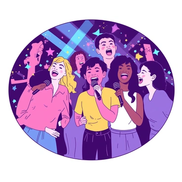 A group of friends is singing enthusiastically at a karaoke night. The scene is vibrant with colorful lights illuminating the space, creating an energetic atmosphere. Each friend holds a microphone, expressing joy as they participate in the performance. The expressions on their faces reflect excitement and passion for the music. The background is filled with dynamic light patterns that enhance the lively mood of the gathering.