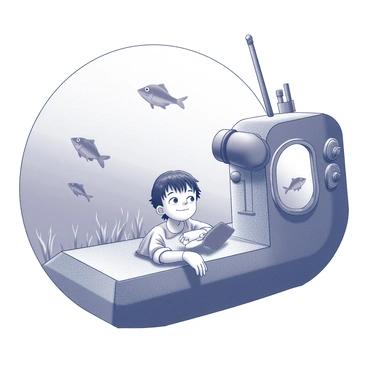 A child is positioned near a periscope inside a submarine. The child leans forward, peering through the periscope with a look of curiosity. The periscope is a long, cylindrical device with a wide lens at the top. Through the periscope, the child sees several fish swimming gracefully in the ocean. The underwater scene is filled with fish of various sizes and shapes, moving among swaying seaweed. The interior of the submarine is detailed with control panels and a circular window, adding depth to the setting.
