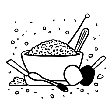 A large white bowl filled with small, round couscous grains. Surrounding the bowl are scattered grains of couscous, creating an abstract pattern. Various kitchen utensils, such as a wooden spoon and a whisk, are placed nearby. The background features a textured surface resembling a kitchen countertop.