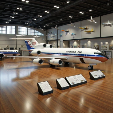 A Boeing 727 aircraft displayed inside a large historical aviation museum. The airplane has a distinctive tri-engine design with a sleek fuselage painted in a classic livery, featuring a combination of white, blue, and red colors. The aircraft is positioned on a polished wooden floor with various informational plaques around it, detailing its specifications and history. In the background, there are other vintage aircraft hanging from the ceiling and various artifacts related to aviation history on the walls. Bright overhead lights illuminate the scene, highlighting the impressive details of the Boeing 727's exterior and interior components visible through open doors.