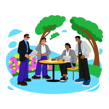 A group of three intelligence officers is gathered around a small round table in a vibrant park. The first officer, wearing a dark suit and sunglasses, is handing a folder filled with documents to the second officer, who is dressed in a light gray blazer. The third officer, wearing a casual black jacket, looks around cautiously, ensuring no one is watching. Lush green trees provide shade overhead, and colorful flowers bloom nearby, adding a lively contrast to the serious nature of the meeting. The officers' expressions are focused and serious as they engage in the exchange.