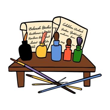 An array of calligraphy brushes of various sizes, with colorful bristles, and bottles of ink in shades of black, blue, and red, arranged neatly on a wooden table. The table has a smooth finish, showcasing the natural wood grain. In the background, there are sheets of parchment with elegant calligraphy written on them, hinting at the art being created. The scene is well-lit, highlighting the details of the brushes and the vibrant colors of the ink bottles.