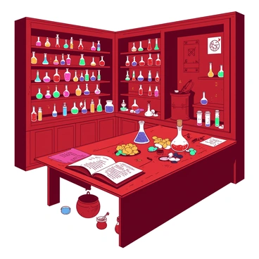 A red medieval potion shop filled with shelves that are brimming with various colorful vials. Each shelf displays an assortment of vials in different shapes and sizes, containing liquids that seem to glow with vibrant colors. Some vials are topped with corks, while others are sealed with wax. There are jars filled with magical ingredients, such as dried herbs, powders, and crystals, arranged neatly on the counter. A large wooden table in the center of the shop is cluttered with alchemical tools and an open spellbook. The walls are adorned with ancient scrolls and mystical symbols, adding to the enchanting atmosphere of the shop.