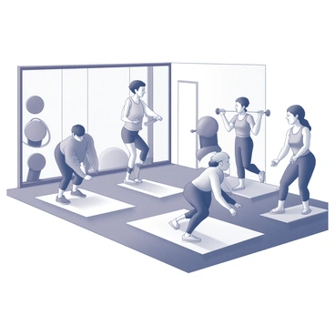 A spacious gym interior filled with various fitness equipment. In the foreground, a group of figures is actively engaged in different exercises. One figure is performing a push-up on a mat, while another figure is lifting weights. To the side, a figure is seen jumping rope, and a pair of individuals are practicing yoga poses on their mats. The atmosphere captures the energy and focus of the participants as they work towards their fitness goals.