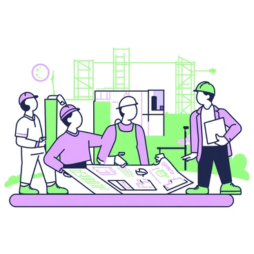 A group of engineers and architects are gathered at a construction site, examining blueprints. One engineer is holding a large rolled-up blueprint, while another is pointing to specific details on a laid-out plan on a table. An architect is wearing a hard hat and taking notes on a clipboard, looking thoughtfully at the plans. In the background, partially constructed walls and scaffolding are visible, along with construction tools scattered around the site. The sun casts shadows across the ground, highlighting the activity of the workers.