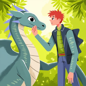Eragon stands with a gentle expression, looking into the large, expressive eyes of his dragon. The dragon, with shimmering scales in various shades of blue and green, has its wings partially folded, revealing intricate patterns along its surface. The surroundings are a lush forest filled with vibrant green foliage, allowing dappled sunlight to filter through the leaves. Eragon's hand rests softly on the dragon's snout, showcasing a deep bond between them. Both figures are positioned closely, emphasizing their mutual understanding and trust.