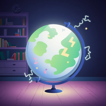 A large, mystical globe with swirling lightning bolts inside is positioned in the center of a dark room. The globe is transparent and emits a soft glow, illuminating its surroundings. Colorful shadows in shades of blue, purple, and green dance across the walls, creating a mesmerizing effect. The floor is made of polished wood, reflecting the light from the globe. In the background, the silhouette of an ornate wooden bookshelf can be seen, adding depth to the scene.