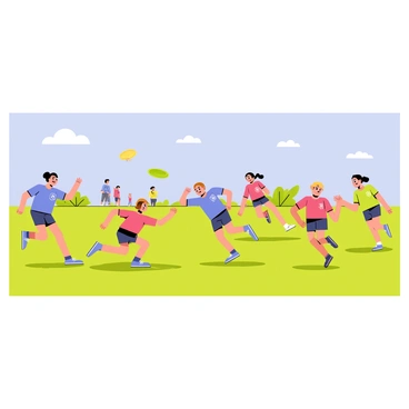 A team playing ultimate frisbee on a sunny day, with players diving for the disc.