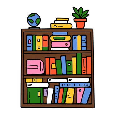 A colorful bookshelf filled with a variety of books arranged neatly. The shelves display books of different sizes and colors, including hardcover and paperback editions. The titles visible include a mix of genres such as mystery, romance, science fiction, and biographies. On the top shelf, there are several decorative items like a small globe and a potted plant. The bookshelf is made of dark wood, adding a warm and inviting touch to the scene.