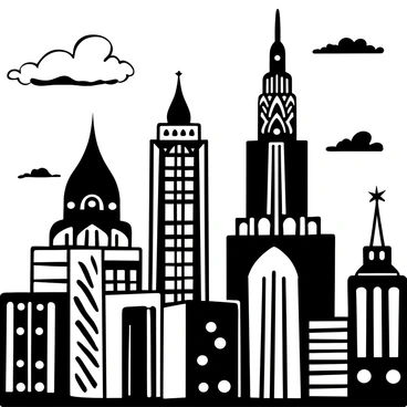 A cityscape featuring tall buildings with geometric patterns and bold, angular designs characteristic of the Art Deco style. The structures are adorned with ornate details and intricate line work. The sky is transitioning into twilight, showcasing the gradual fading of light. Silhouetted against the sky, the vibrant outlines of the buildings create a striking contrast. There are hints of clouds scattered throughout the sky, providing depth and texture to the scene.