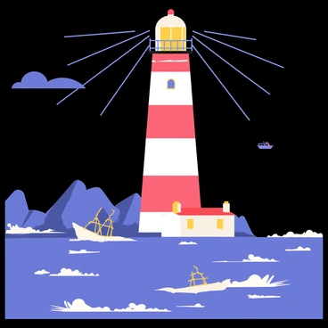 A tall lighthouse with a white and red striped tower stands prominently on a rocky coast. The lighthouse features a large rotating light at the top, casting beams of light that illuminate the dark night sky. Surrounding the lighthouse are jagged rocks, splashed with white foam from crashing waves. In the background, there are dark clouds and a hint of a starry sky visible. A couple of ships can be seen in the distance, following the guiding light as they navigate safely through the waters.