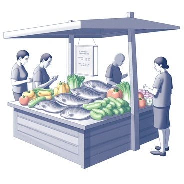 A market stall filled with fresh carp displayed prominently on a wooden table. The fish are arranged neatly, showcasing their gleaming scales. Surrounding the carp are colorful displays of various vegetables, including vibrant green cucumbers, yellow peppers, and crisp lettuce. The stall is made of weathered wood and is set up under a simple canopy that provides shade. Customers are interacting with the stall owner, inspecting the fresh produce and discussing prices. The scene is lively, with other stalls and shoppers visible in the background.