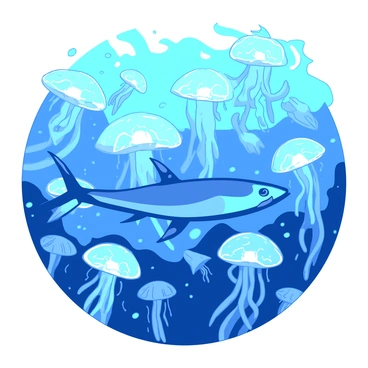 A blue swordfish is gliding gracefully through a dense forest of transparent jellyfish, which are illuminated with soft light. The jellyfish have long, flowing tentacles that sway gently, creating an ethereal underwater effect. The swordfish's sleek body glistens as it navigates between the jellyfish, showcasing its pointed bill and streamlined shape. The scene is filled with various sizes of jellyfish, some hovering close to the swordfish while others drift further away, adding depth to the underwater environment.