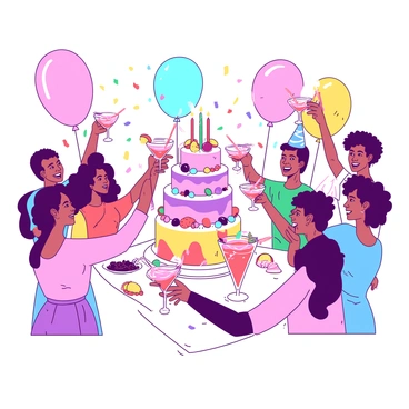 A vibrant scene of a celebration taking place outdoors. In the center, there is a large, multi-tiered cake decorated with colorful frosting and candles on top. Surrounding the cake are several guests, each holding a mocktail glass filled with a variety of colorful drinks garnished with fruits and colorful straws. The guests are smiling and raising their glasses high in a toast, with some wearing festive attire, such as party hats and confetti. The atmosphere is lively, with balloons and streamers in the background.