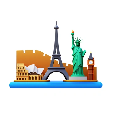 A 3D icon collage featuring "the Eiffel Tower" in the center, with "the Great Wall of China" stretching across the background. Include "the Statue of Liberty" to the right, standing tall alongside "the Colosseum" on the left. Add "the Sydney Opera House" in the foreground, with "Big Ben" peeking from behind. Each landmark should be detailed and recognizable, creating a harmonious composition.