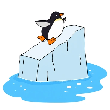 A cartoon penguin character with a round body and a glossy black and white surface is joyfully sliding down a large, jagged iceberg. The penguin has bright orange feet and a cheerful expression on its face, showcasing its flipper-like wings spread out for balance. Below the iceberg, the icy ocean is a vibrant shade of blue, with gentle waves splashing as the penguin glides towards the water. The iceberg itself is a mix of white and light blue, with sparkling snow on its peak. Small chunks of ice and bubbles form around the penguin's path, adding to the playful scene.