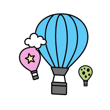 A blue hot air balloon with a striped pattern is ascending against a clear sky. Nearby, a red balloon featuring a star design is floating gently. A green balloon with polka dots is positioned slightly below the others. Fluffy white clouds surround the balloons, enhancing the sense of altitude and movement.