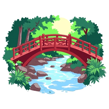 A red rustic wooden bridge arches gently over a flowing white stream that winds through a lush, green forest. The bridge is made of weathered timber, featuring intricate carvings along the railings. Both banks of the stream are lined with vibrant green foliage, including ferns and wildflowers. Sunlight filters through the thick canopy of leaves overhead, casting dappled shadows on the bridge and the water below. Small rocks are scattered along the edges of the stream, adding texture to the scene.