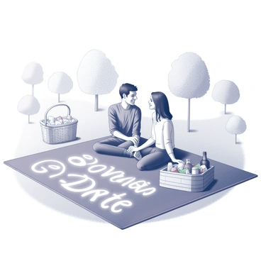 A couple sitting on a picnic blanket spread out on a grassy area in a park. The picnic blanket features the text "Save the Date" in playful lettering prominently displayed across its surface. The couple is surrounded by an assortment of picnic items, including a wicker basket filled with food and beverages. They are smiling at each other, enjoying their time together. Various trees and park scenery are present in the background, adding to the outdoor atmosphere.